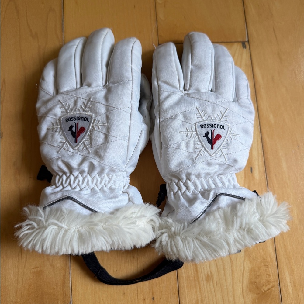 Rossignol Snowy White Fur-Trimmed Gloves Size S Women Petite